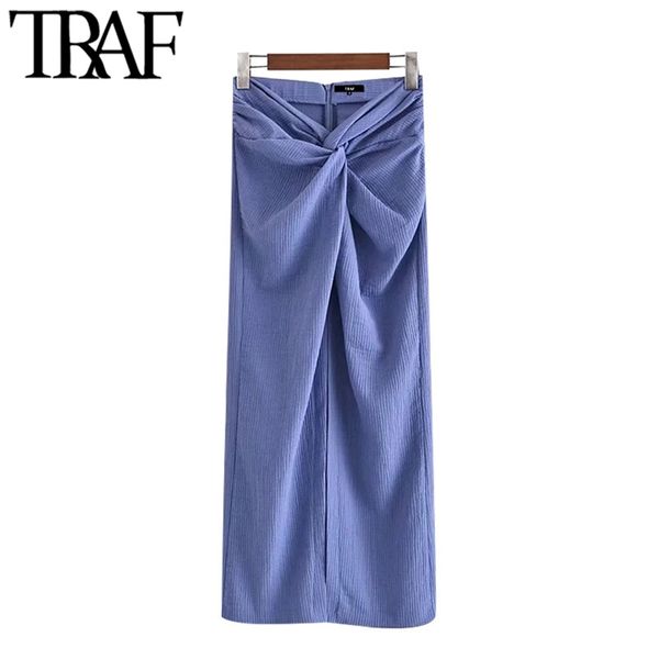 

women chic fashion with knot front vents midi skirt vintage high waist back zipper female skirts mujer 210507, Black
