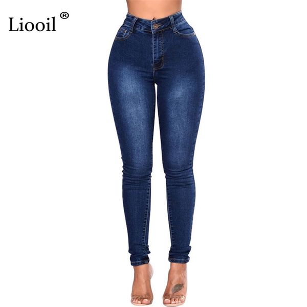 

liooil plus size skinny jeans for women clothes streetwear black white blue high waist trouser rave denim pencil pants 210322