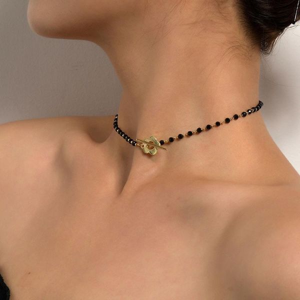 

chains fashion black crystal bead clavicle necklace simple from buckle short flower women bohemian female jewelry wholesale, Silver