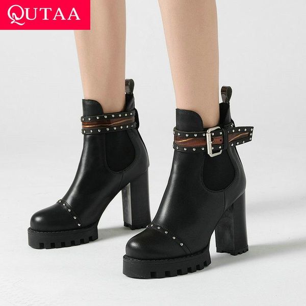 

boots qutaa 2022 genuine leather ankle round toe women shoes buckle casual square heel short big size 34-42, Black