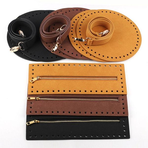 

bag parts & accessories 4pcs/set bottom base round faux leather strap zipper for diy crochet handbag h8wd, Black