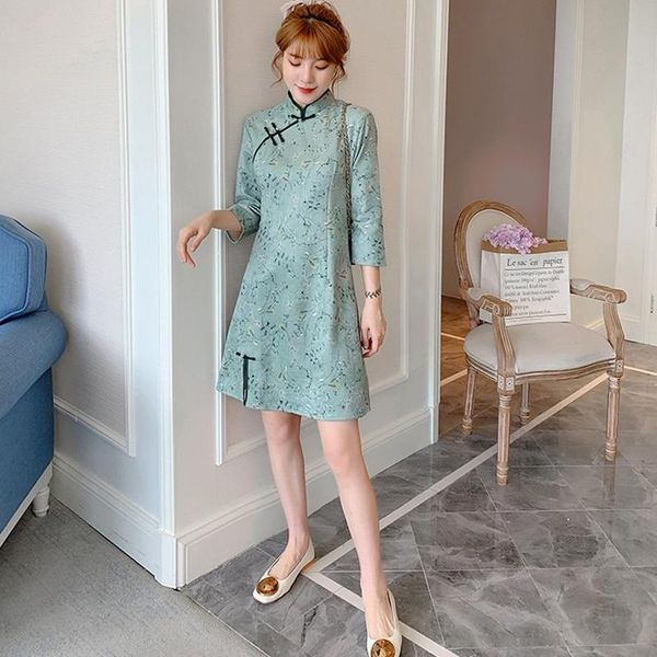 

improved chinese dress qipao female cheongsam nine-quarter sleeves commuter buckle mandarin collar ladies 12095 ethnic clothing, Red