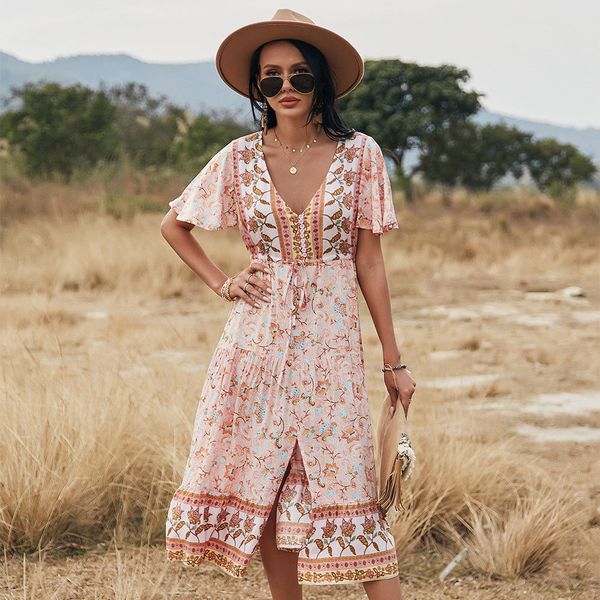 

dresses summer women v neck butterfly sleeve high waist print lace up knee length es ladies holiday style odng, Black;gray