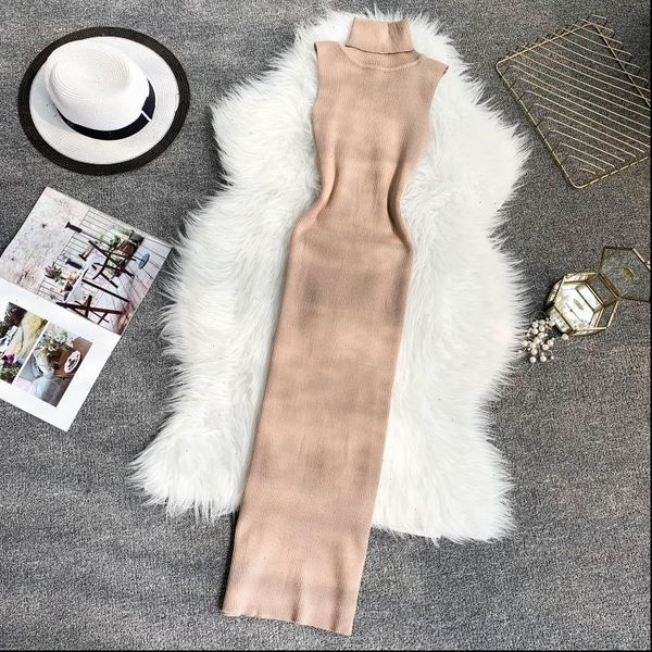 

slim turtleneck summer knitted women dress cotton bodycon midi long party elastic casual elegant tank tunic, Black;gray