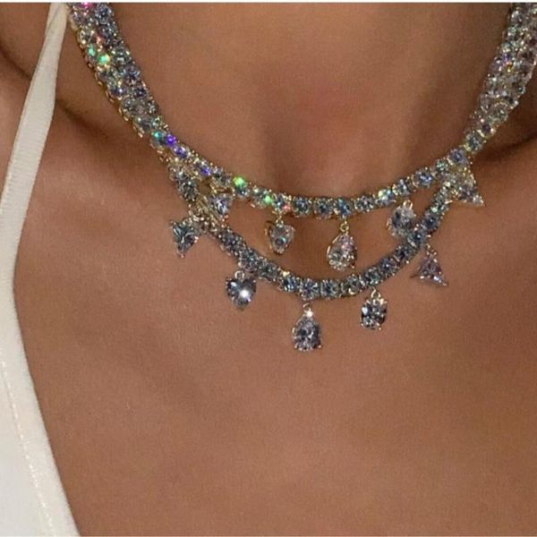 

iced out sparking bling cubic zirconia women fashion heart triangle oval tear pendant tennis chain charm choker necklace jewelry chokers, Golden;silver