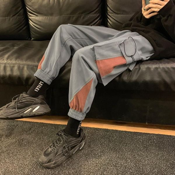 

mens drawstring tooling pants fashion trend casual multiple pockets sports trousersdesigner male autumn running loose sweatpant, Black