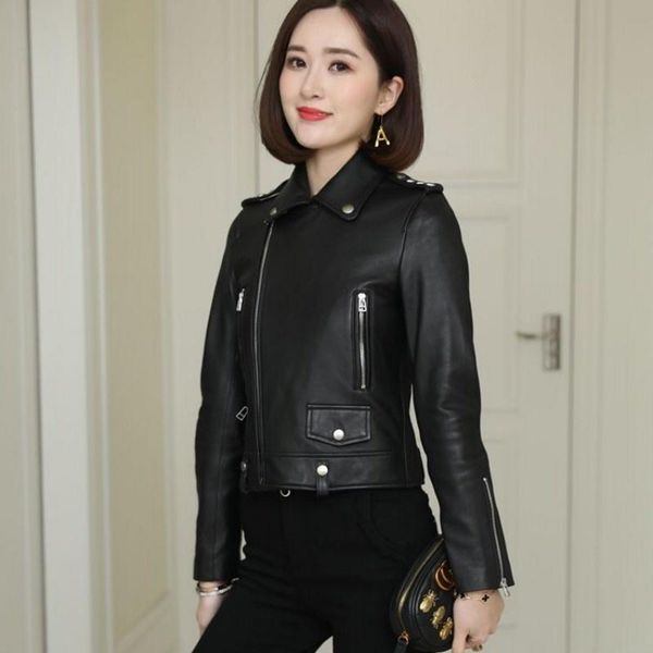 

women's leather & faux 2022 fashion autumn women short genuine jacket punk heart rivets slim female biker outwear coat sheepskin jacket, Black