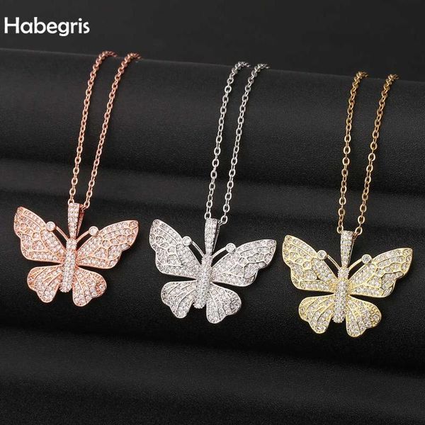

habegris animal butterfly chains with pendants necklace fashion women jewelry copper and cubic zirconia for girls gift pendant necklaces, Silver