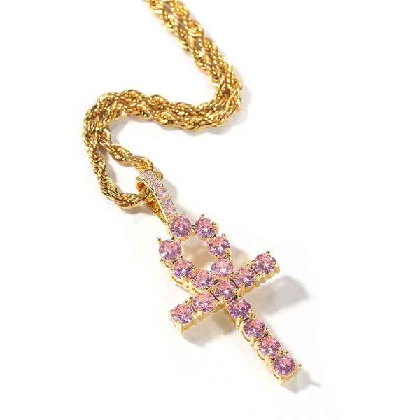 

fashion jewelry hiphop real gold plated cz iced out pink zircon ankh key cross pendant necklace for women men, Silver