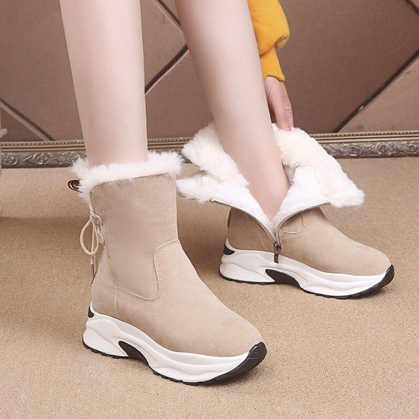 

boots women ankle boot warm plush winter shoes for woman wedges high heels ladies leather snow 6cm, Black