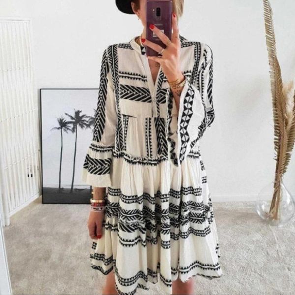 

summer dress women 2021 geometric v neck flare sleeve woman spring long beach mini dresses for loose sundress casual, Black;gray