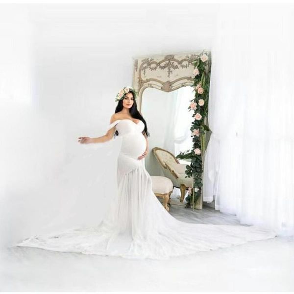

tulle maternity dresses pography props long fancy pregnancy dress mesh pregnant women maxi gown clothes for po shoots, White