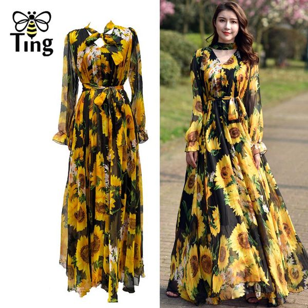 

casual dresses tingfly vibrant sunflower floral maxi long party women summer holiday silkly flowy chiffon dress vestidos, Black;gray