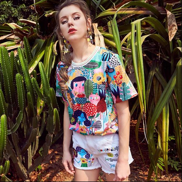 

summer women t shirts color contrast fashion print shirt loose o neck short sleeve tx058 drop, White