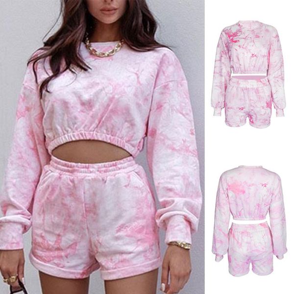

ladies fashion tie dye long sleeve crop drawstring shorts set autumn apparel women's tracksuits, Gray