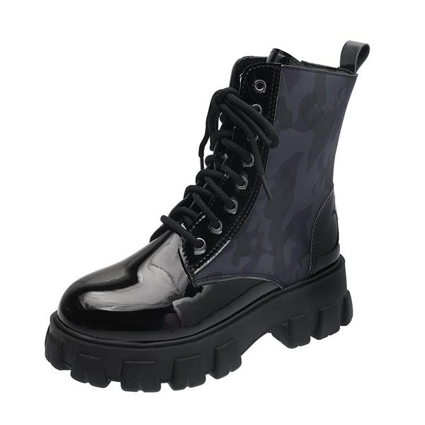 

boots platform camouflage motorcycle single women 2021 autumn patent leather lace-up ankle, Black