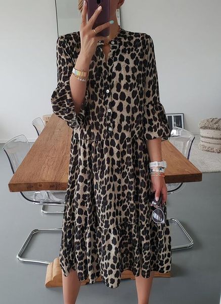 

casual dresses dress women loose spring summer leopard print mid-sleeved chiffon ladies, Black;gray