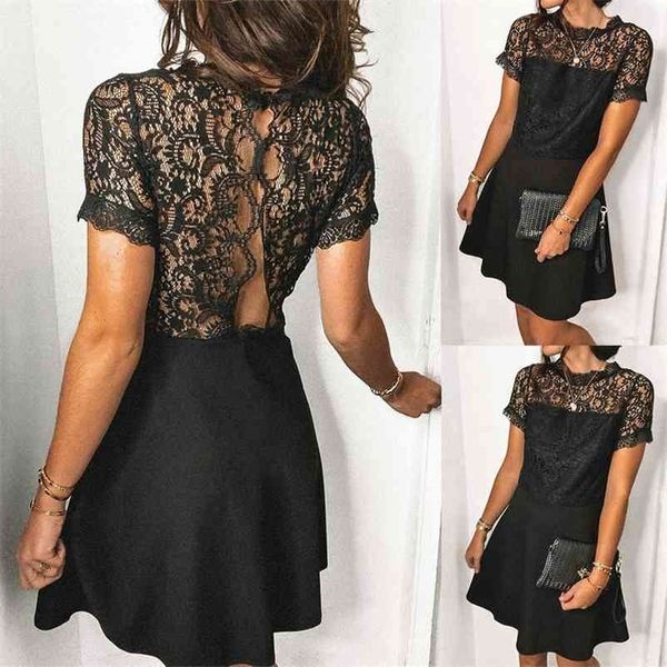 

black lace decor patchwork party dress summer short sleeve hollow out o neck elegant a-line office lady vestidos 210520, Black;gray