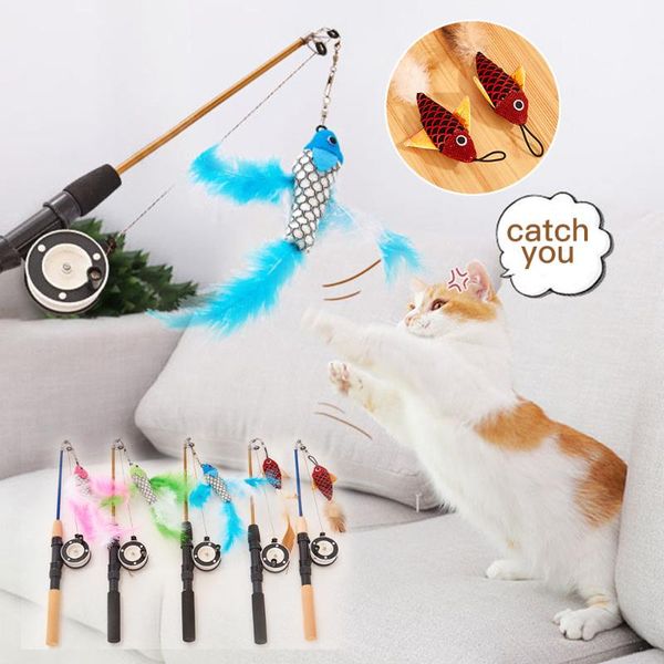 

cat toys fish shape feathers stick pet toy rods simulation fishing rod kitten funny playing interactive