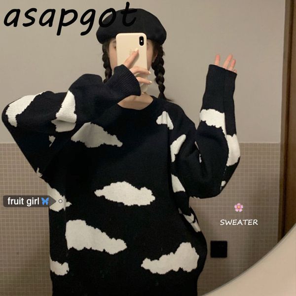 

chic korean loose black clouds pullovers sweaters women casual sweet cute mid-length long knitwear fashion pull retro thick 210429, White;black