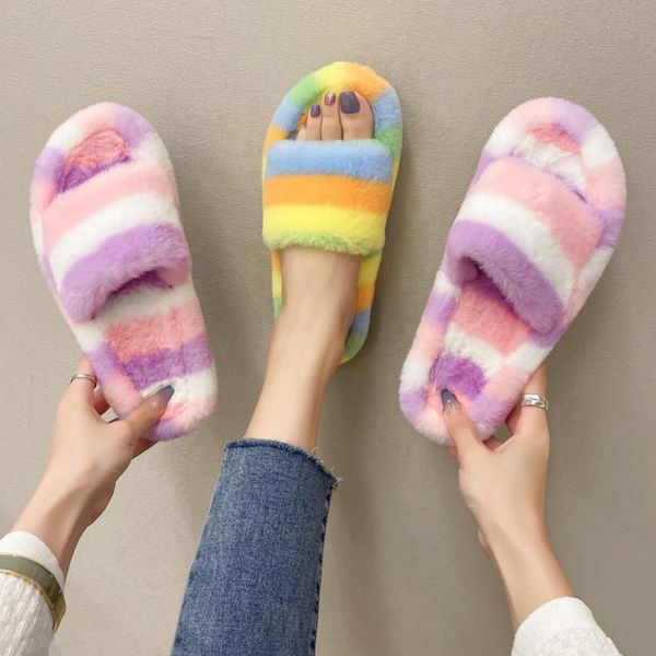

slippers winter women home with faux fur fashion ladies warm shoes lady cute kawaii slip on flats female slides, Black