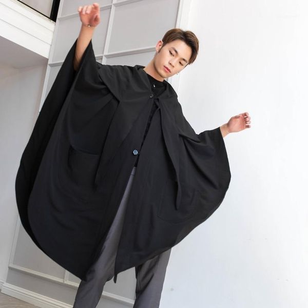 

men's trench coats coat spring and autumn windbreaker in long loose for men cape wearing trend, Tan;black