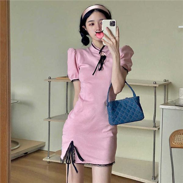 

pink bubble sweet bow short puff sleeve dress female spring summer design slim mini cheongsam dresses for women 210527, Black;gray