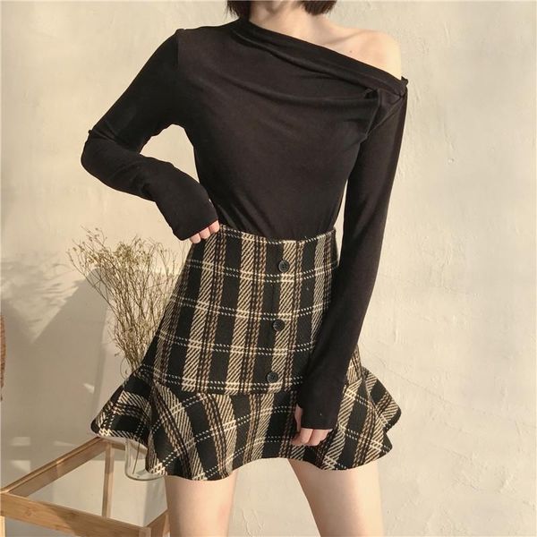 

skirts mini skirt high waist autumn-winter 2021 women's autumn retro tweed plaid half body wrap hip short, Black