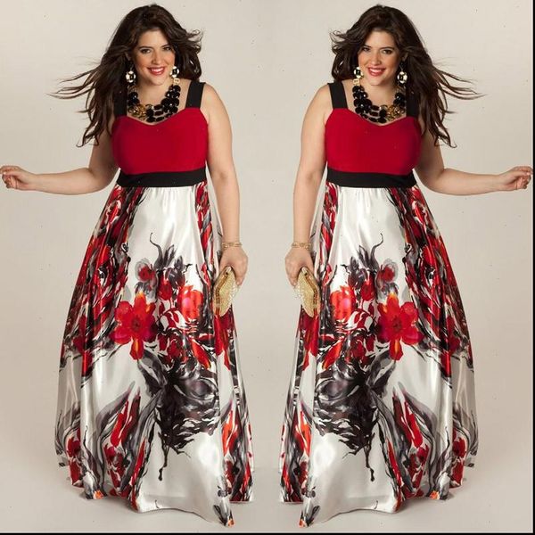 

plus size floral summer boho womens dresses maxi long red green sleeveless beach party evening sundress, Black;gray