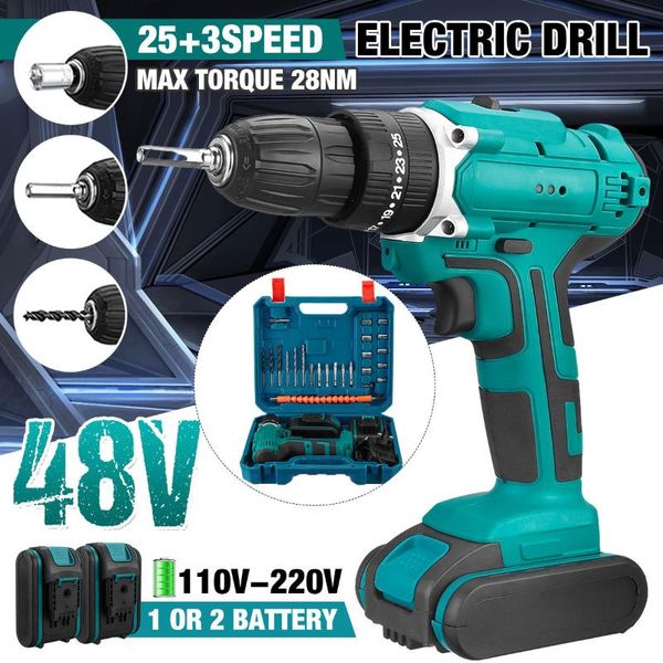 

professiona electric drills 48v 3 in 1 cordless impact drill hammer screwdriver 6000mah 25+3 turque wireless power driver tools set with 2 b