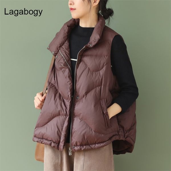 

lagabogy women 90% white duck down vest jacket female ultra light waistcoat autumn winter zipper loose sleeveless coat 211105, Black;white