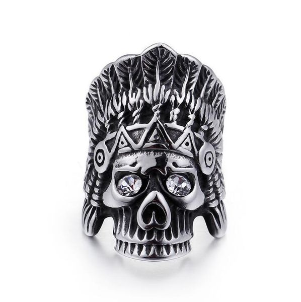 

wedding rings gothic punk tianium stainless steel men feather crown indians chief skeleton skull ring with red/white eye zircon crystal, Slivery;golden