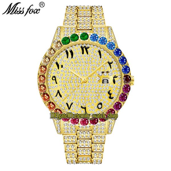 MISSFOX eternity 2643 Hip Hop Mode Herrenuhren CZ Diamant Inlay Arabisches Zifferblatt Quarzwerk Herrenuhr Iced Out Big Diamonds Lünette Legierungsgehäuse Goldarmband