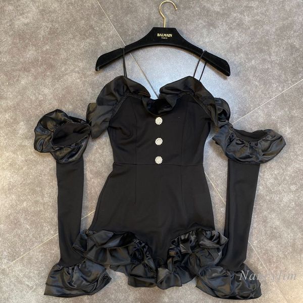 

blouses playsuit women autumn three-dimensional ruffled bell sleeve diamond buckle off shoulder tight jumpsuit lady bodysuit, White