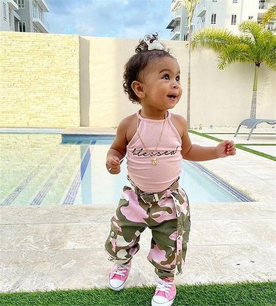 

clothing sets baby girl camouflage print long pants letter sleeveless high neck halter pink 1-6t kid 2pcs outfit suit, White