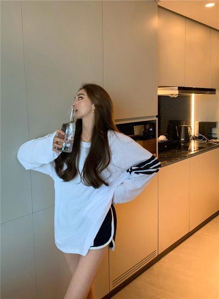 

women's hoodies & sweatshirts t-shirt women's loose stripe large version medium long lazy wind thin sunscreen sleeve 2021 summer, Black