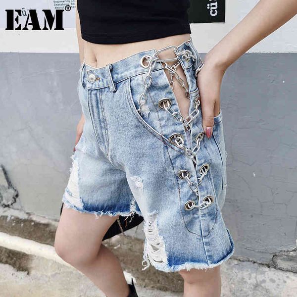 

[eam] women wide leg blue denim burrs hole shorts high waist loose fit trousers fashion spring summer 1dd6398 21512, White;black