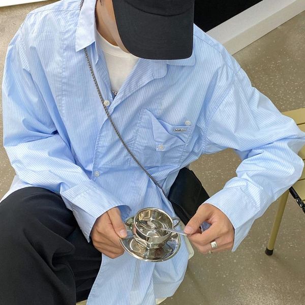 

men's casual shirts autumn trend korean turn-down collar stripe pullover long sleeve shirt fashionable temperament oversize 2021, White;black