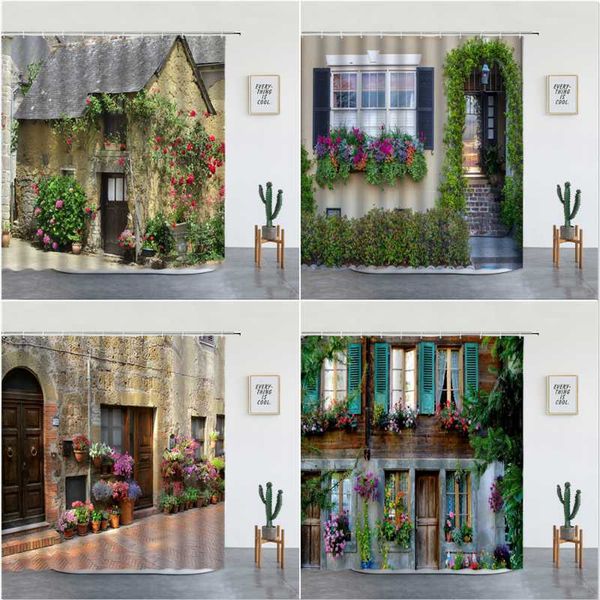 

shower curtains landscape printed retro style rural ldyllic flowers european garden bathroom decor polyester fabric with hooks