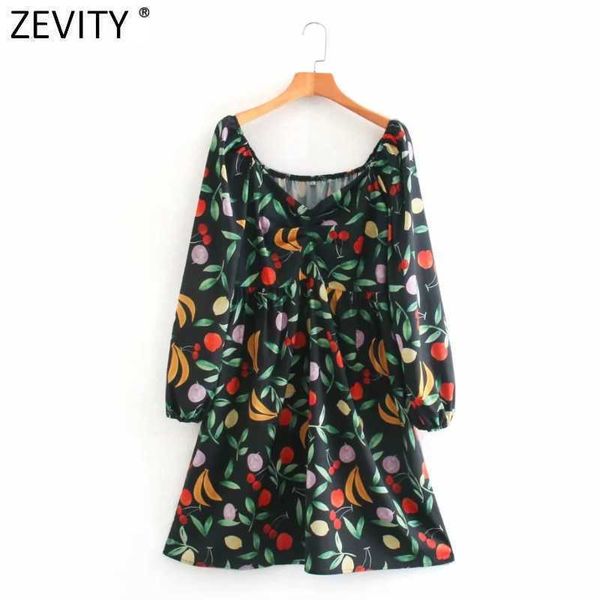 Zevity Frauen Mode V-ausschnitt Obst Druck Falten A-linie Mini Kleid Weibliche Puff Sleeve Casual Slim Chic Party Vestido DS4673 210603