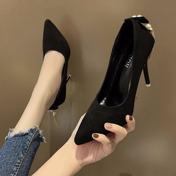 

dress shoes fashion pumps women 2021 tassel pearl high heels solid color banquet slip-on woman thin rubber, Black