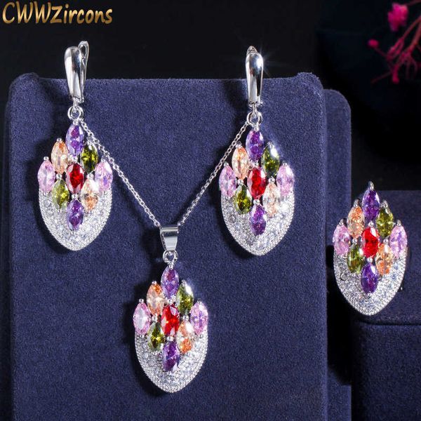 

artistic vintage cubic zircon jewelry colorful cz crystal big drop ring pendant necklace earring set for women t001 210714, Silver