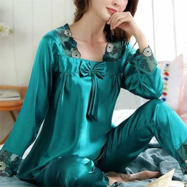 

women pajamas two-piece long sleeve pants lace decoration silk cloth leisure homewear square collar design nightgown 211023, Black;red