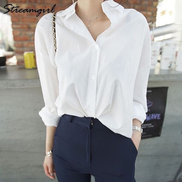 Streamgirl Camicia bianca allentata Donna Primavera Autunno Camicetta bianca allentata casual per le donne Camicie da fidanzato in cotone Maglie a manica lunga 210317