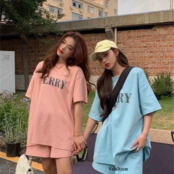 

summer letter printing loose solid color shirt shorts casual suit women 210525, White