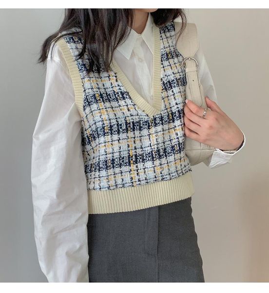 

women's vests 2021 autumn winter korean version of loose casual v-neck contrast stitching college style sweater vest check girl, Black;white
