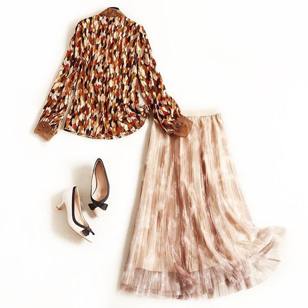 

two piece dress 2021 spring summer fashion women's sets single-breasted print chiffon shirts + long mesh skirts female suits skirt and, White