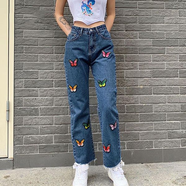 

women's jeans y2k color butterfly straight 90s aesthetic korean streetwear denim pants ropa fairycore pattern embroidery trousers, Blue