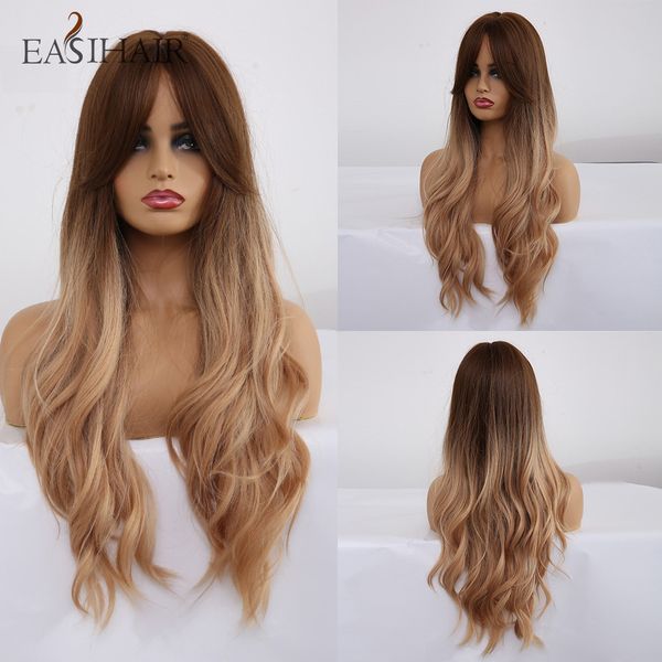 

long brown to blonde ombre synthetic wigs for women wigs with bangs high density wavy cosplay wigs heat resistant, Black