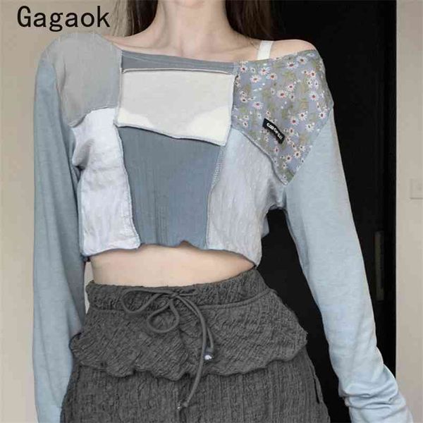 

women streetwear t-shirt spring autumn o-neck patchwork full short tee slim retro wild fashio pullover 210531, White